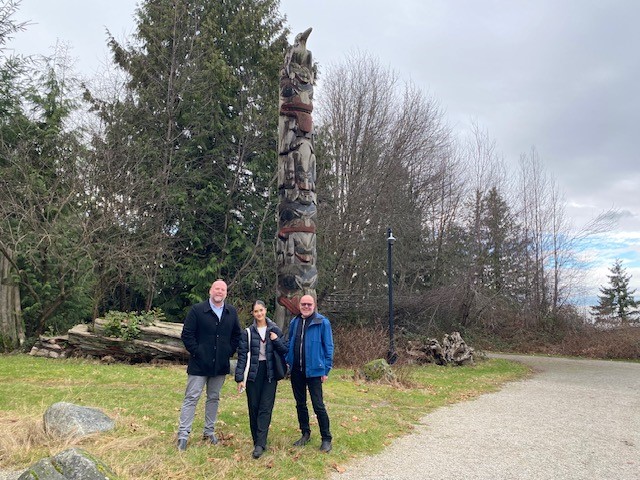 from left: Monash University's Tristan Kennedy, Kaimani Hendry and John Page on the UBC Vancouver campus behind the Museum of Anthropology Feb. 1 