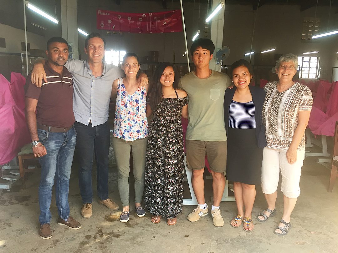 Left to right: Gihan De Silva (Factory Manager), Paul Grinvalds, Sophia Grinvalds (co-Founders), Kim Woo, Leo Soh & Jeanne Legua (2018 UBC student surveyors), Dorothy Maynard (Director of Operations) after the baseline survey result presentation (photo: AFRIpads)