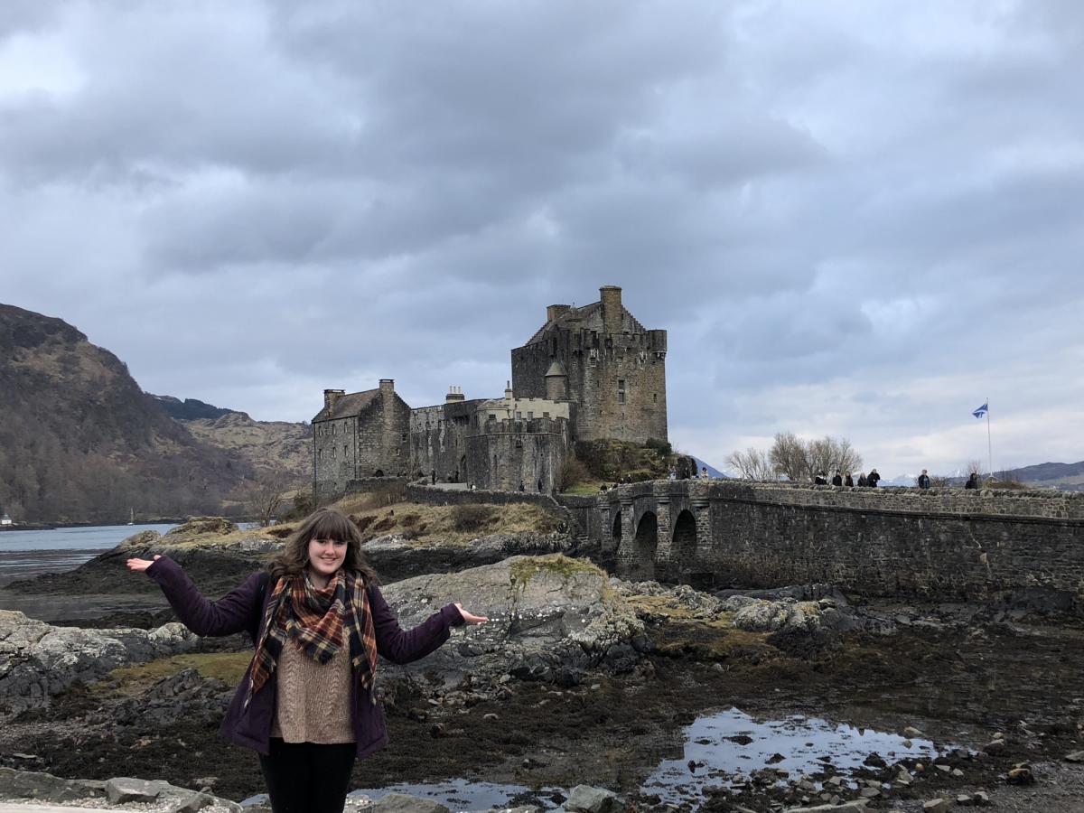 UBC student Siara Less visiting Eileen Donan Castle on a weekend trip with other international exchange students to the Isle of Skye 