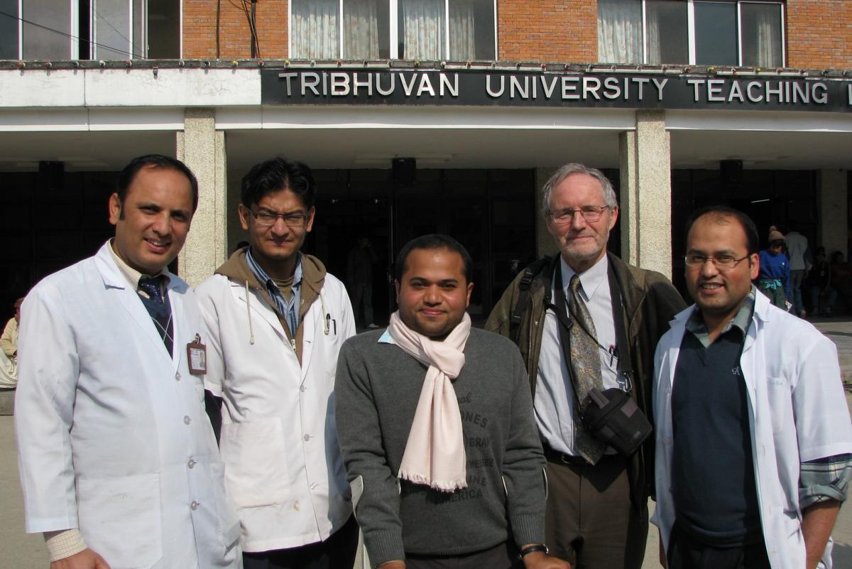 Drs. Raju Dhakal (middle) and Peter Wing (second from right) at Tribhuvan University Teaching Hospital in 2009. Chief of service Dr. Dinesh Kafle (far left) with two orthopedic residents