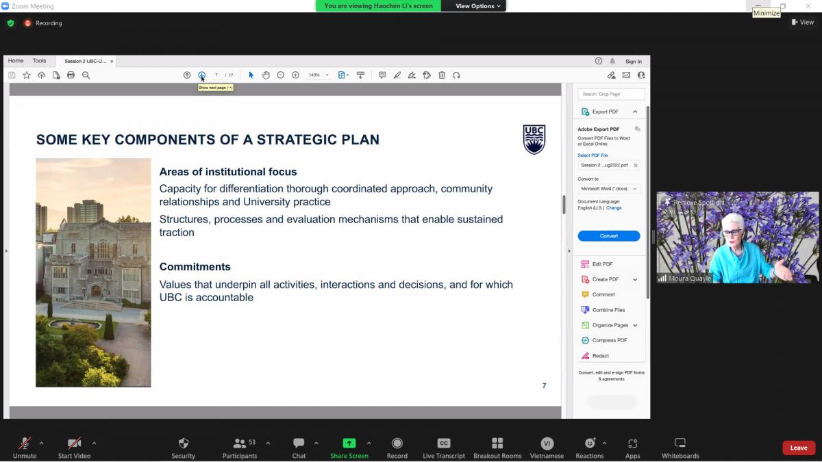 Professor Moura Quayle, UBC’s Vice-Provost and Associate Vice-President, Academic Affairs, spoke on the university’s strategic planning process (photo: Haochen Li)