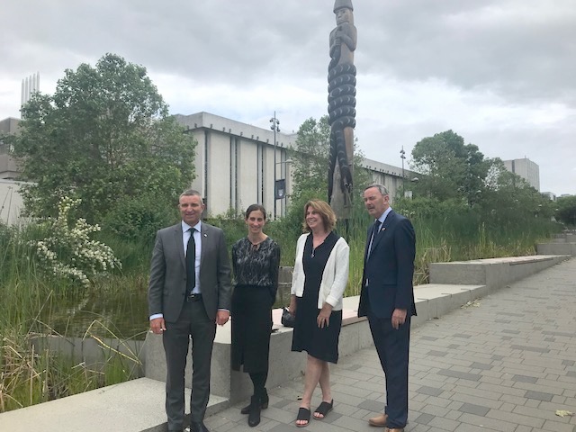 (L-R) Niall Collins, Irish Minister of State for Skills and Further Education; Angelique Pilon, UBC Director Urban Innovation Research; Linda Nowlan, UBC Sustainability Hub Senior Director; and Irish Consul General in Vancouver, Frank Flood on the UBC Vancouver campus (photo: UBC Sustainability)