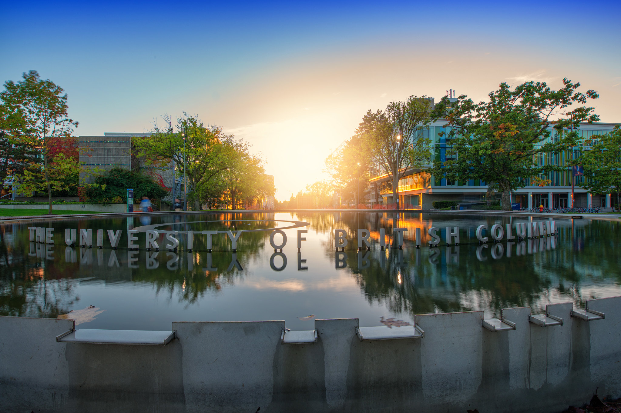 View of fountain at Martha Piper Plaza at Sunset