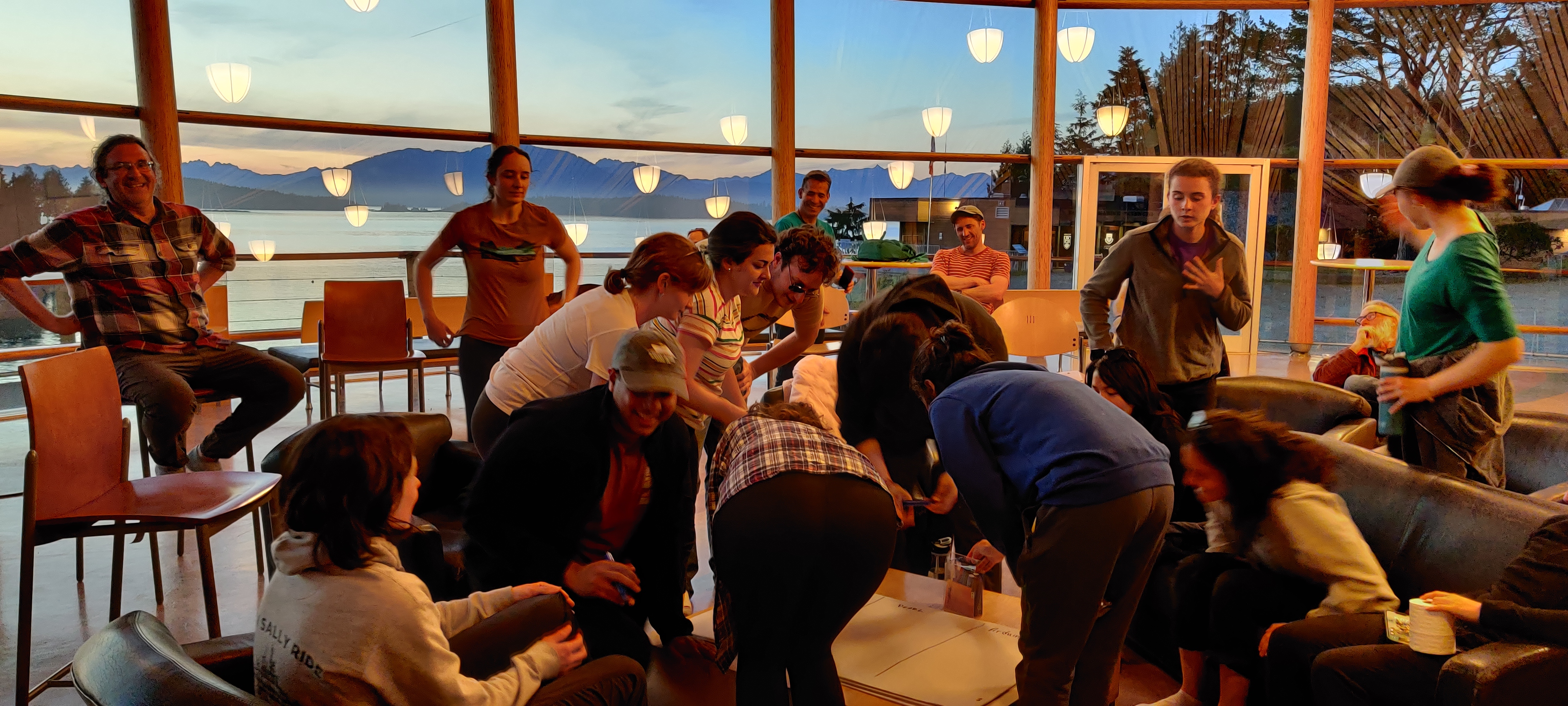 PRODIGY students plan collaborative projects and boat schedules during the 2024 summer school at the Bamfield Marine Sciences Center (photo: Philippe Tortell)