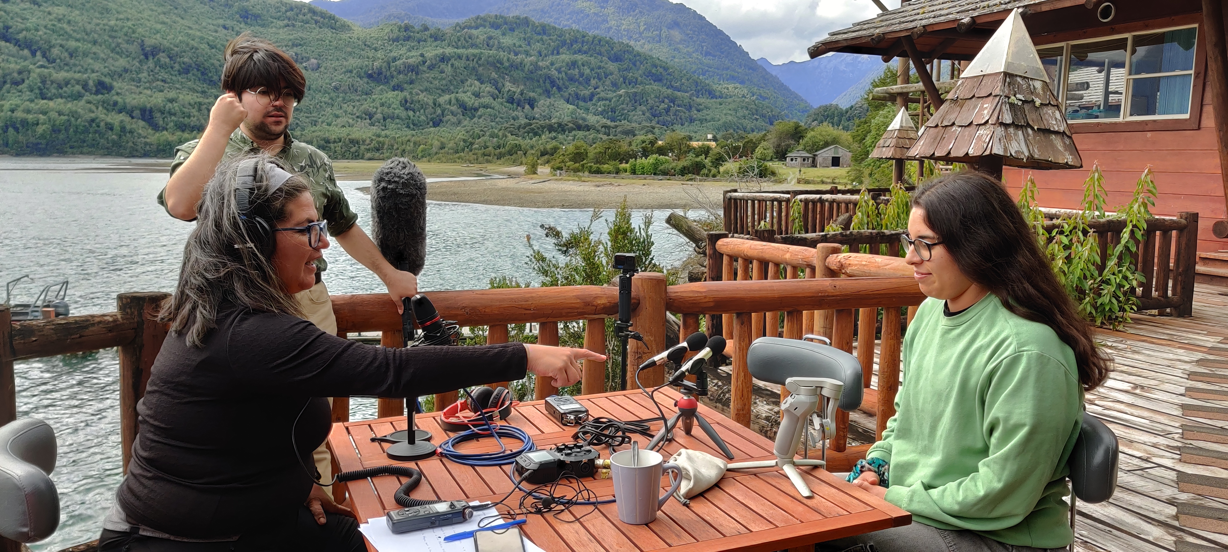 Chilean composer and professor of music Valeria Valle (seated left) interviews a PRODIGY graduate student, Luz Monsalves (seated right) as part of a pod-cast series taped during the January 2025 summer school run at the San Ignacio del Huinay field station in Chilean Patagonia (photo: Philippe Tortell)