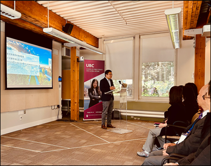 Haochen Li, Office of Global Engagement staff, presents to the Taiwan Ministry of Education delegation at UBC Vancouver (photo: Matt Stevenson)