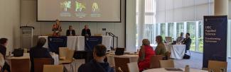Amanda Ellis, Walter Mérida and Peter Schlosser deliver the closing remarks at the 2024 New Carbon Economy Consortium annual meeting on May 1, 2024